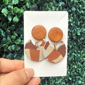 Handmade Polymer Clay and Wooden Tan Geometric Earrings
